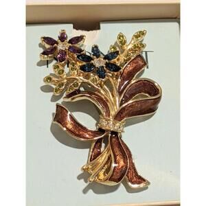 Vintage MONET Fall Flower Bouquet Brooch Pin Jeweled & Enameled Ribbon NIB
